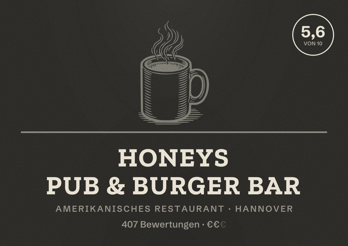 Illustriertes Poster von Honeys Pub & Burger Bar, Amerikanisches Restaurant in Hannover: Bewertung 5,6 von 10 aus 407 Bewertungen, Preisniveau €€