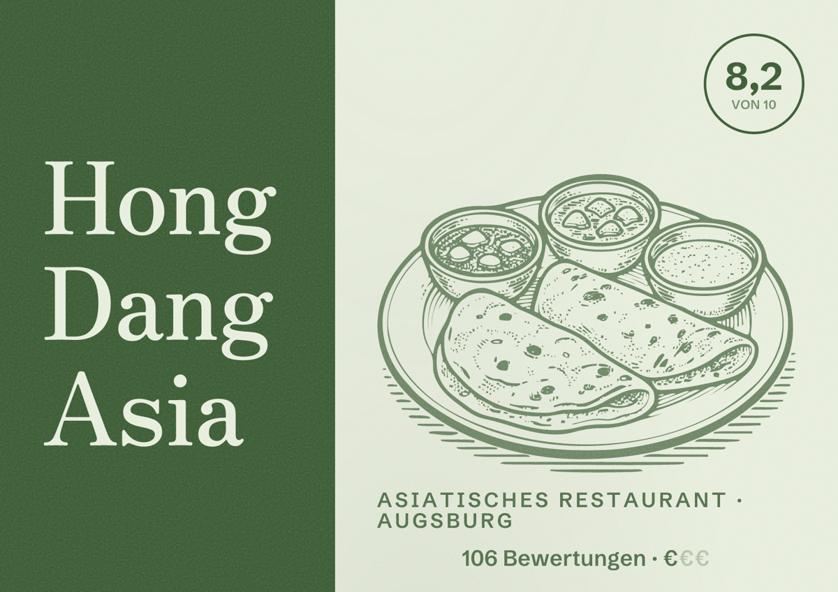 Illustriertes Poster von Hong Dang Asia, Asiatisches Restaurant in Augsburg: Bewertung 8,2 von 10 aus 106 Bewertungen, Preisniveau €