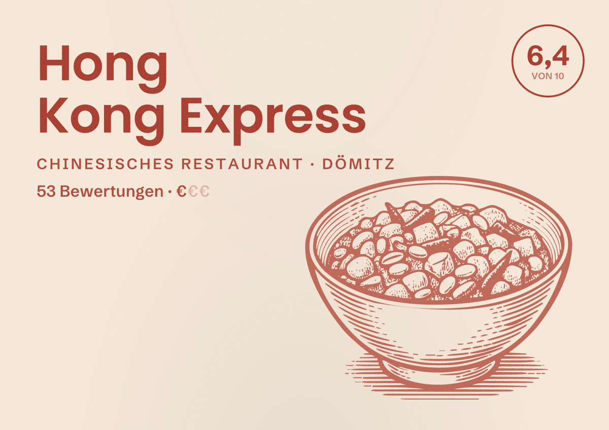 Illustriertes Poster von Hong Kong Express, Chinesisches Restaurant in Dömitz: Bewertung 6,4 von 10 aus 53 Bewertungen, Preisniveau €