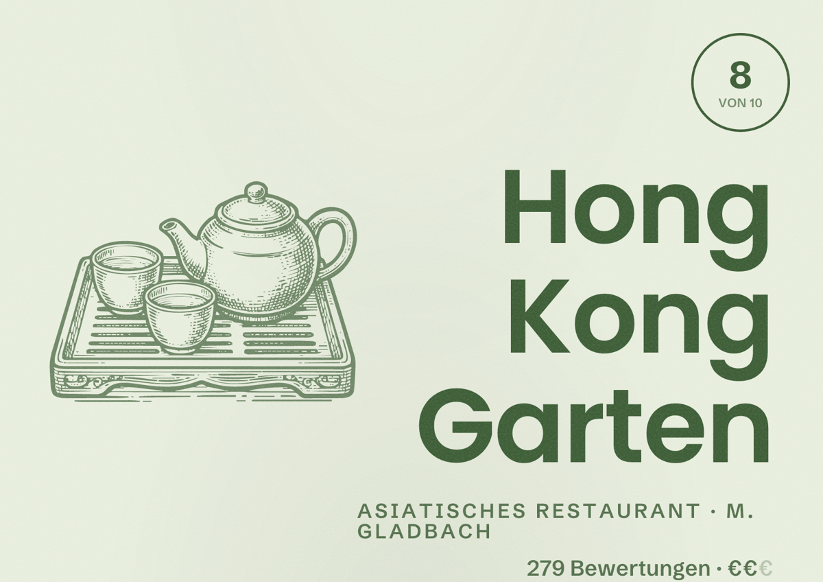 Illustriertes Poster von Hong Kong Garten, Asiatisches Restaurant in M. Gladbach: Bewertung 8 von 10 aus 279 Bewertungen, Preisniveau €€