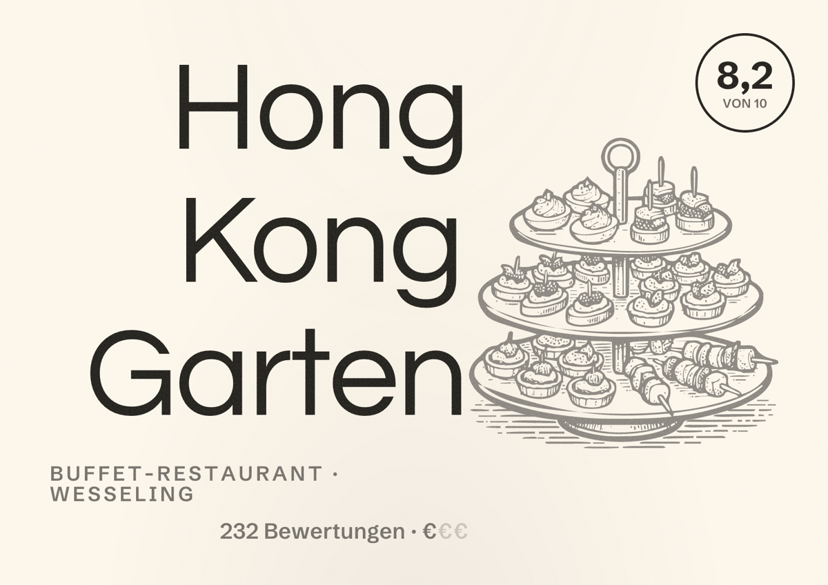 Illustriertes Poster von Hong Kong Garten, Buffet-Restaurant in Wesseling: Bewertung 8,2 von 10 aus 232 Bewertungen, Preisniveau €