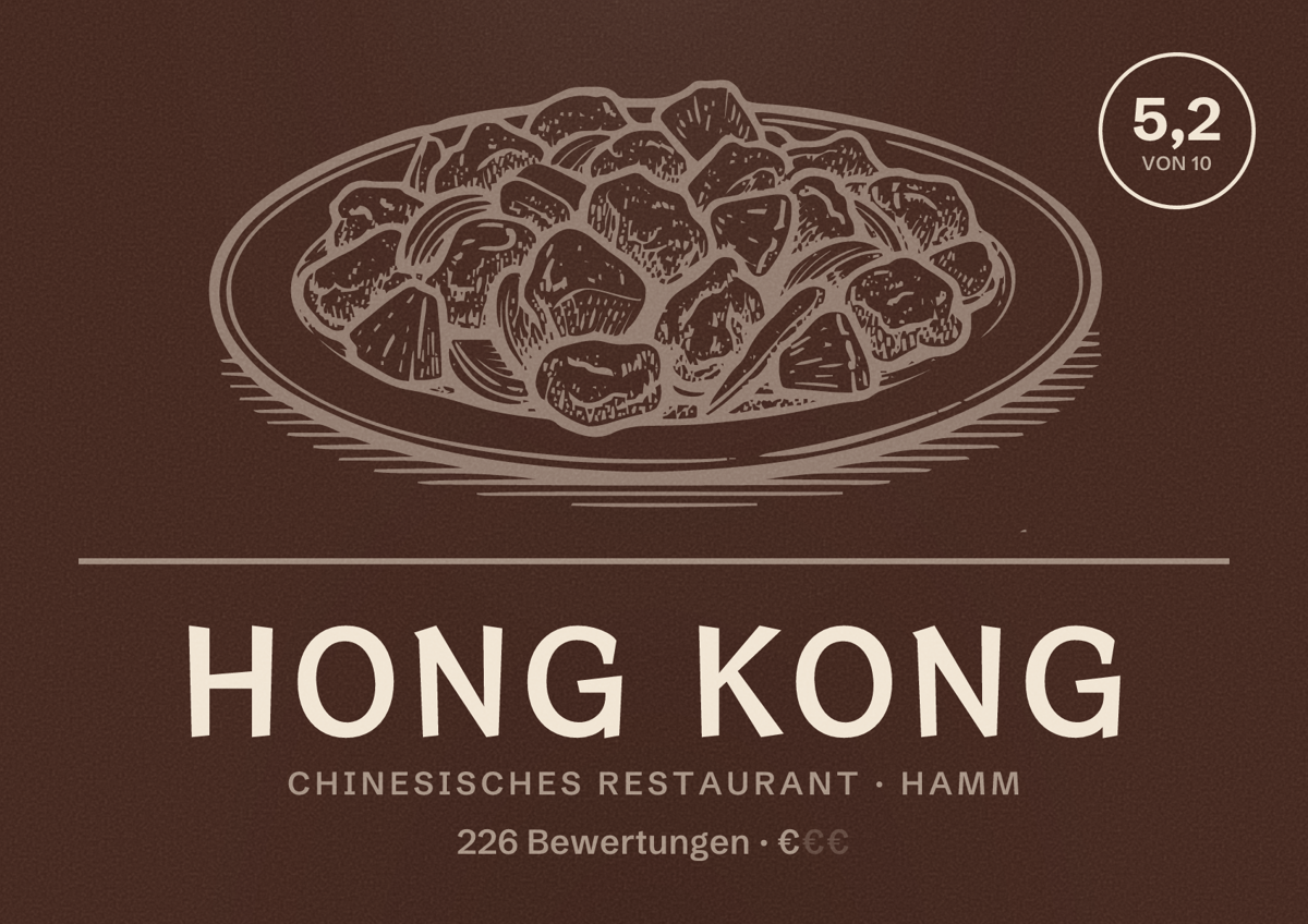 Illustriertes Poster von Hong Kong, Chinesisches Restaurant in Hamm: Bewertung 5,2 von 10 aus 226 Bewertungen, Preisniveau €