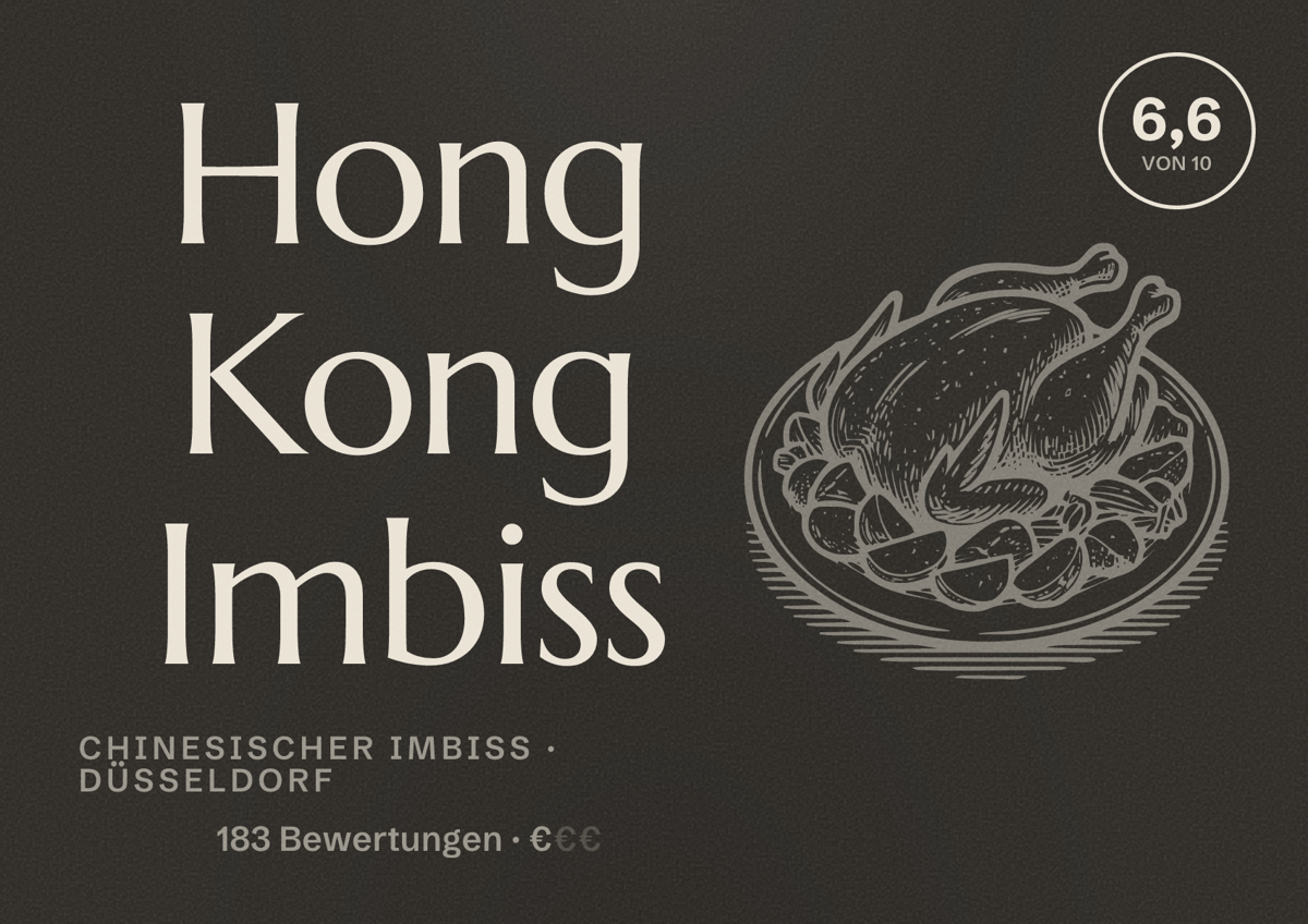 Illustriertes Poster von Hong Kong Imbiss, Chinesischer Imbiss in Düsseldorf: Bewertung 6,6 von 10 aus 183 Bewertungen, Preisniveau €