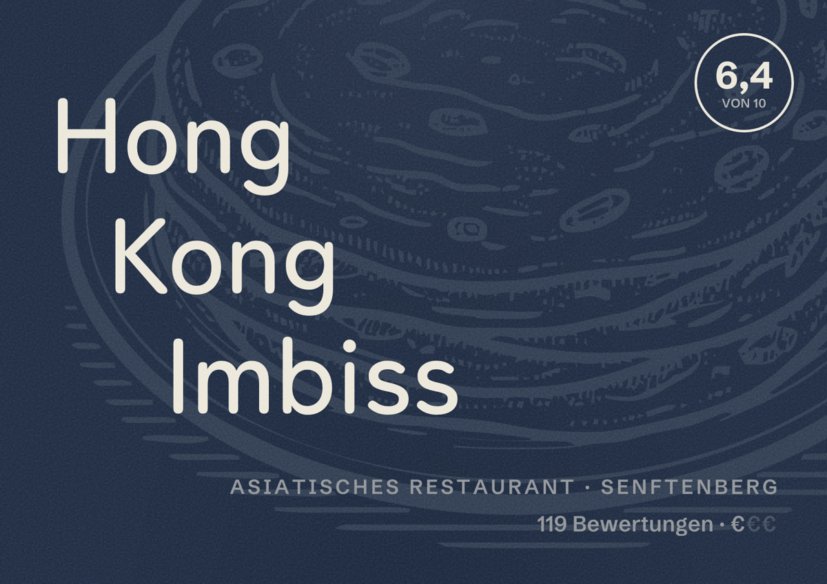 Illustriertes Poster von Hong Kong Imbiss, Asiatisches Restaurant in Senftenberg: Bewertung 6,4 von 10 aus 119 Bewertungen, Preisniveau €