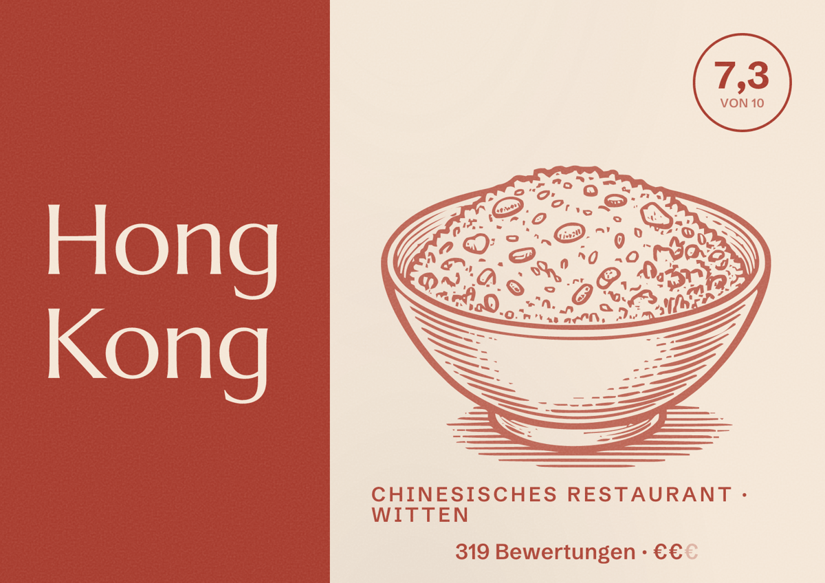 Illustriertes Poster von Hong Kong, Chinesisches Restaurant in Witten: Bewertung 7,3 von 10 aus 319 Bewertungen, Preisniveau €€