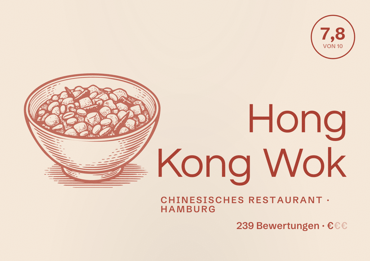 Illustriertes Poster von Hong Kong Wok, Chinesisches Restaurant in Hamburg: Bewertung 7,8 von 10 aus 239 Bewertungen, Preisniveau €