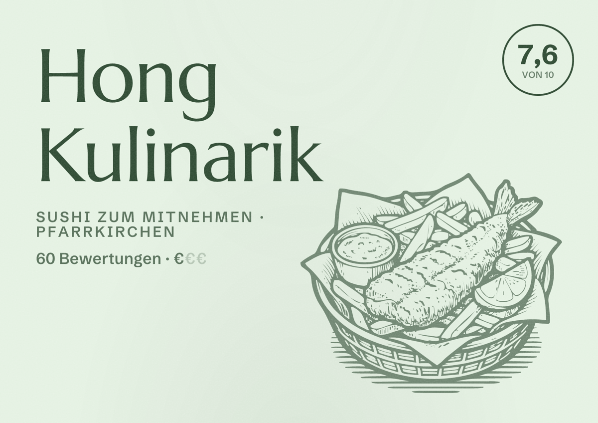Illustriertes Poster von Hong Kulinarik, Sushi zum Mitnehmen in Pfarrkirchen: Bewertung 7,6 von 10 aus 60 Bewertungen, Preisniveau €