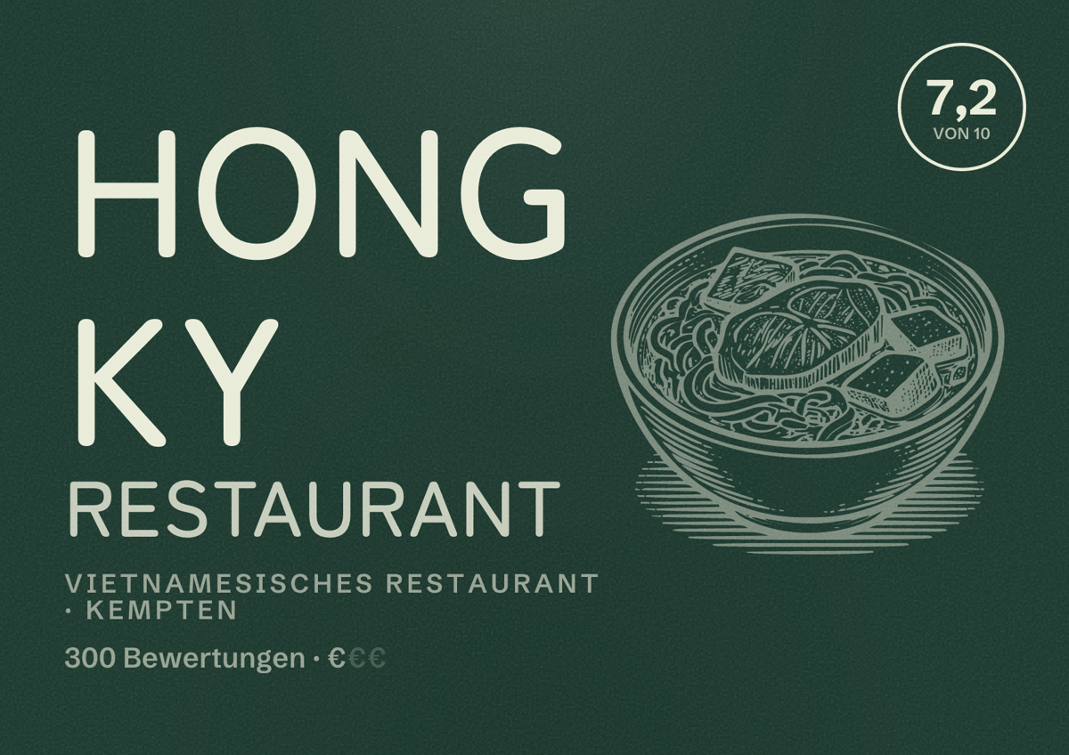 Illustriertes Poster von Hong Ky Restaurant, Vietnamesisches Restaurant in Kempten: Bewertung 7,2 von 10 aus 300 Bewertungen, Preisniveau €