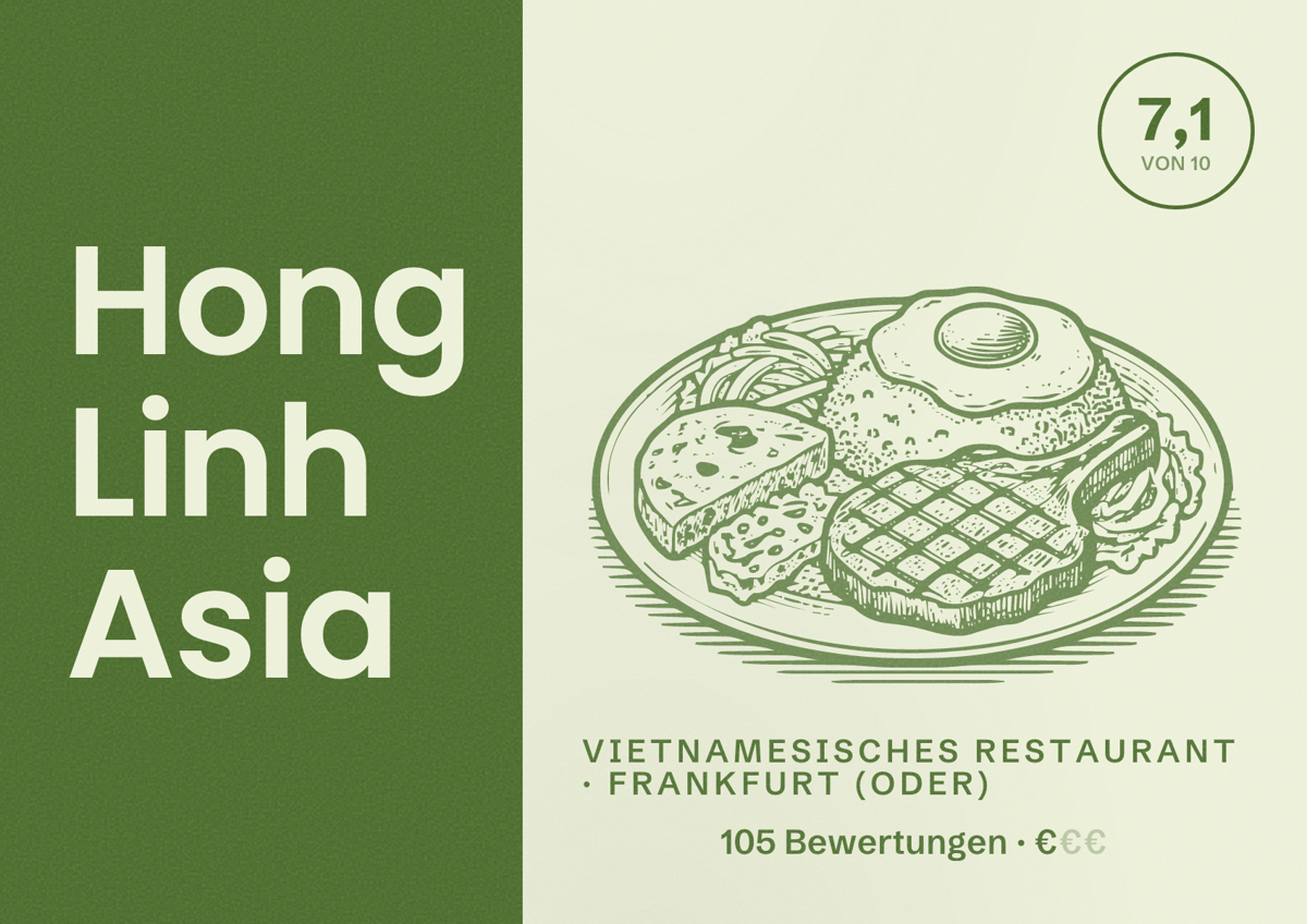 Illustriertes Poster von Hong Linh Asia, Vietnamesisches Restaurant in Frankfurt (Oder): Bewertung 7,1 von 10 aus 105 Bewertungen, Preisniveau €