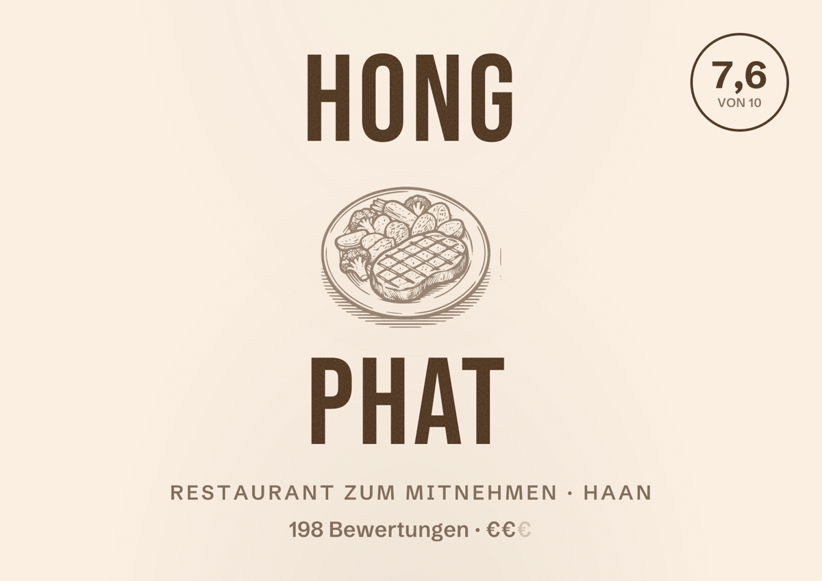 Illustriertes Poster von Hong Phat, Restaurant zum Mitnehmen in Haan: Bewertung 7,6 von 10 aus 198 Bewertungen, Preisniveau €€