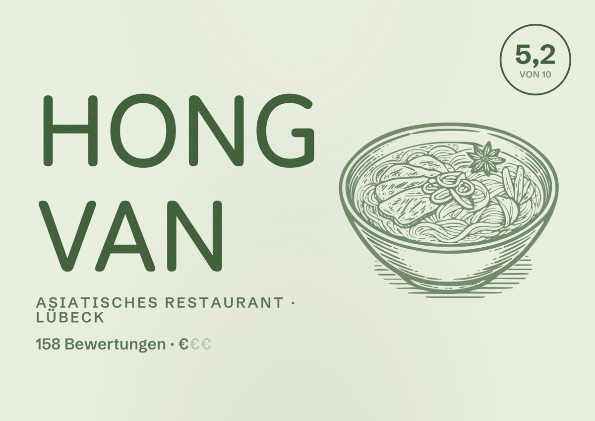 Illustriertes Poster von Hong Van, Asiatisches Restaurant in Lübeck: Bewertung 5,2 von 10 aus 158 Bewertungen, Preisniveau €