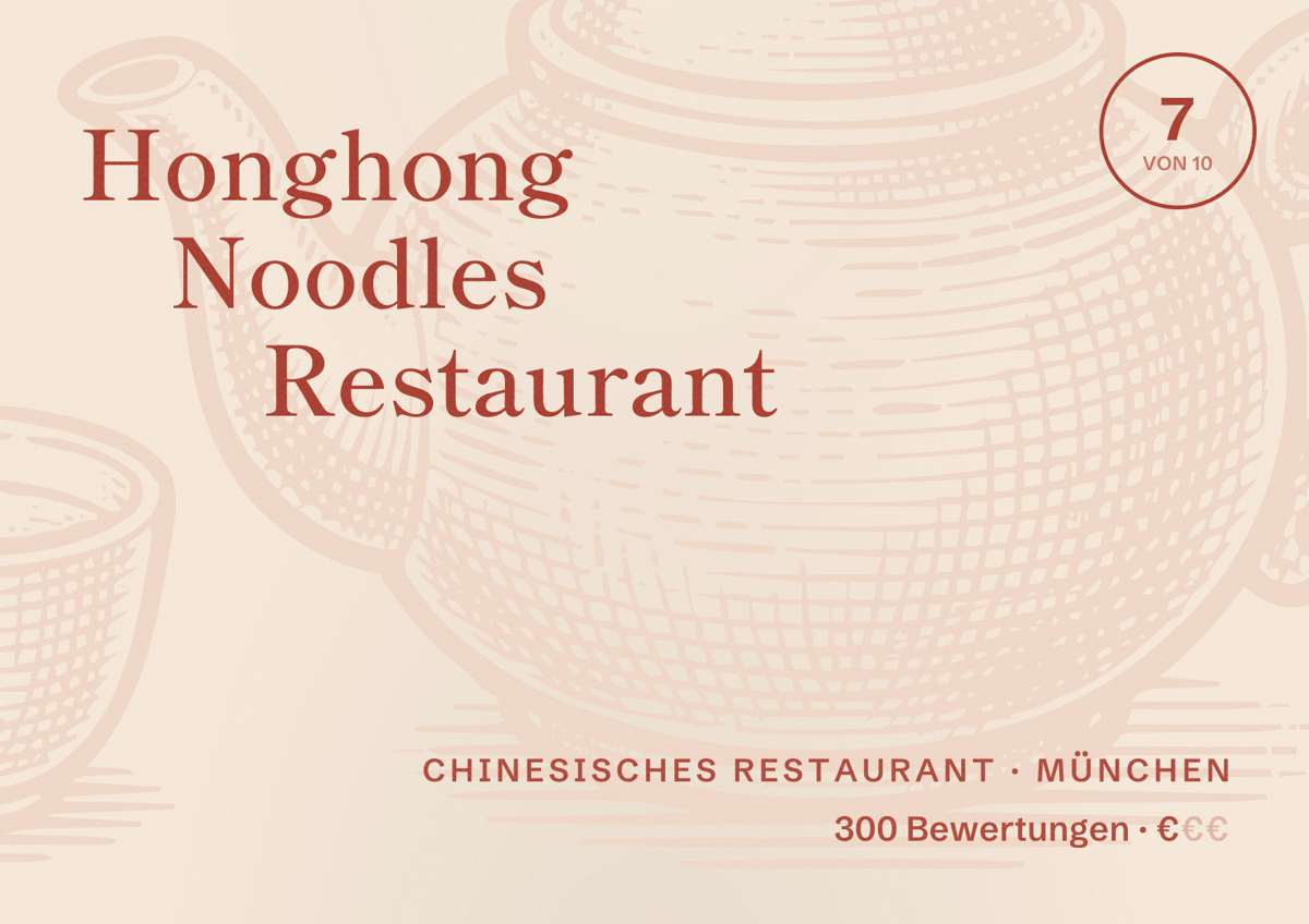 Illustriertes Poster von Honghong Noodles Restaurant, Chinesisches Restaurant in München: Bewertung 7,0 von 10 aus 300 Bewertungen, Preisniveau €