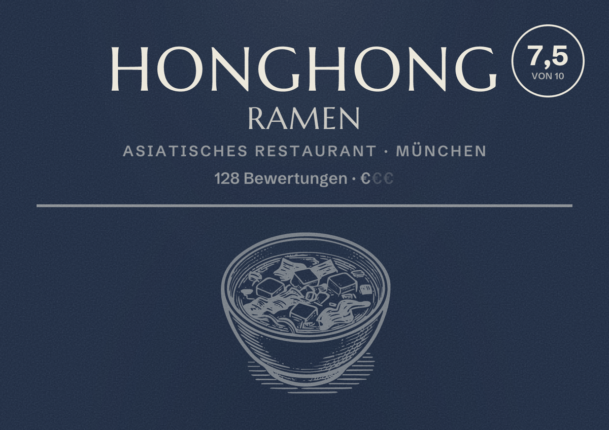 Illustriertes Poster von Honghong Ramen, Asiatisches Restaurant in München: Bewertung 7,5 von 10 aus 128 Bewertungen, Preisniveau €