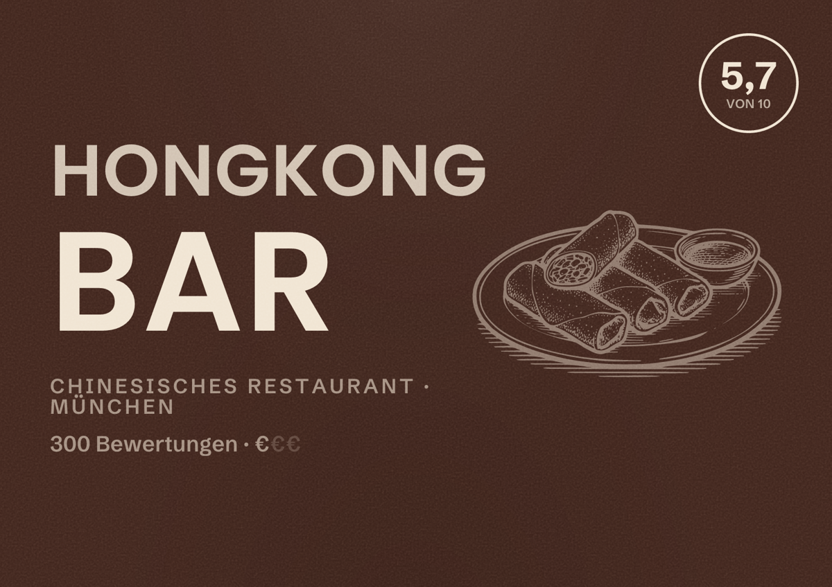 Illustriertes Poster von Hongkong Bar, Chinesisches Restaurant in München: Bewertung 5,7 von 10 aus 300 Bewertungen, Preisniveau €