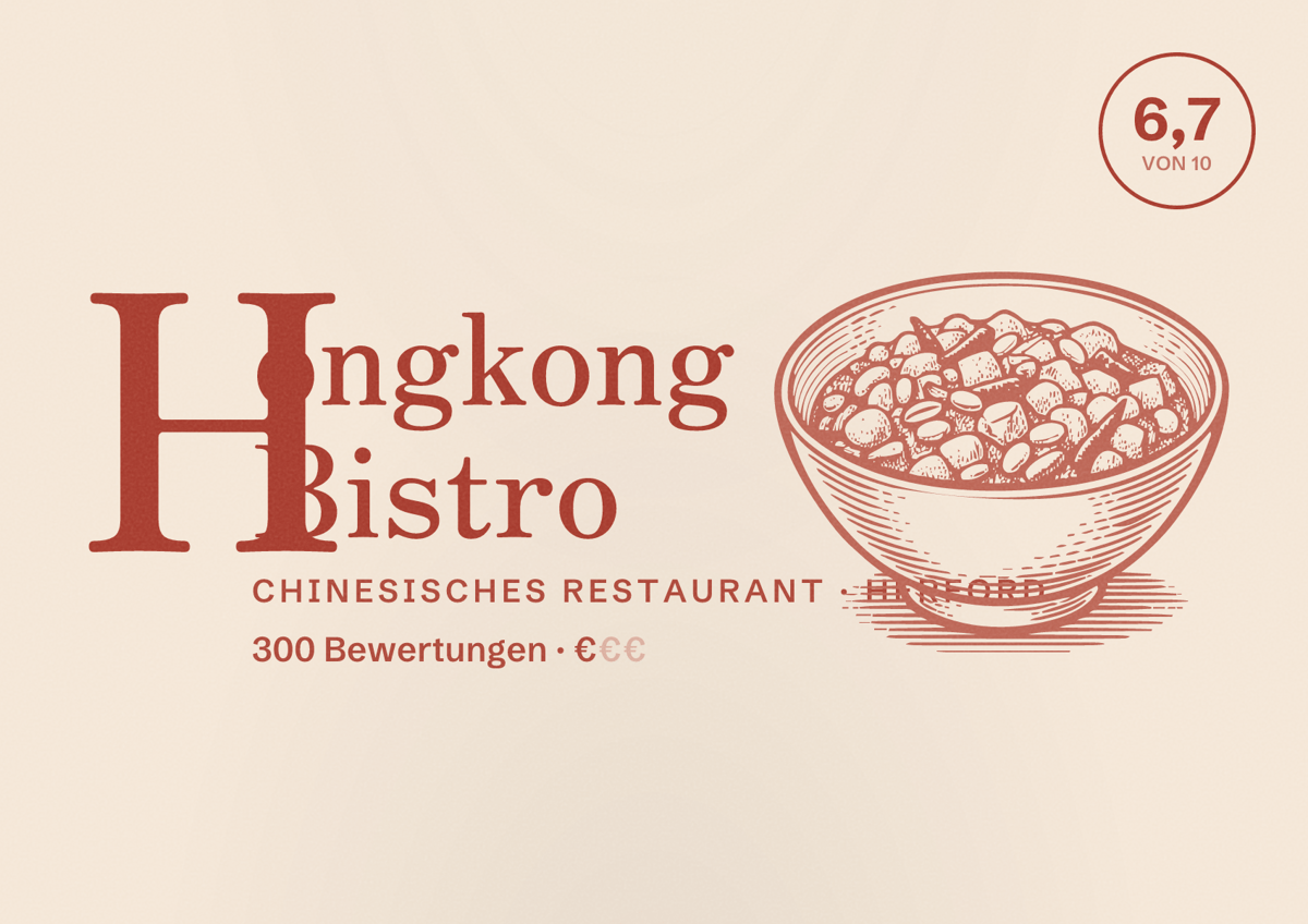 Illustriertes Poster von Hongkong Bistro, Chinesisches Restaurant in Herford: Bewertung 6,7 von 10 aus 300 Bewertungen, Preisniveau €