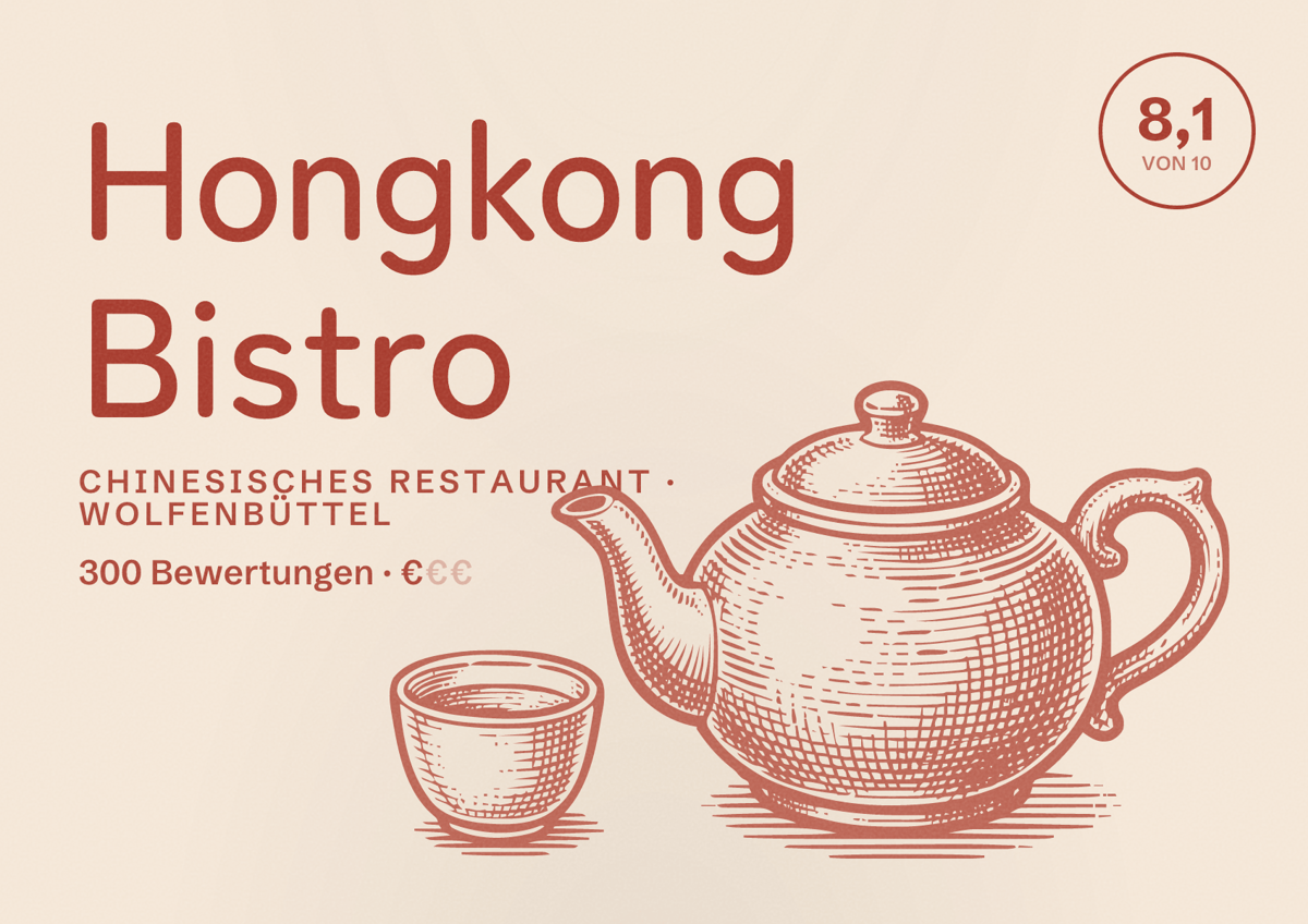 Illustriertes Poster von Hongkong Bistro, Chinesisches Restaurant in Wolfenbüttel: Bewertung 8,1 von 10 aus 300 Bewertungen, Preisniveau €
