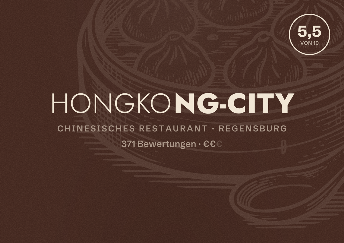 Illustriertes Poster von Hongkong-City, Chinesisches Restaurant in Regensburg: Bewertung 5,5 von 10 aus 371 Bewertungen, Preisniveau €€