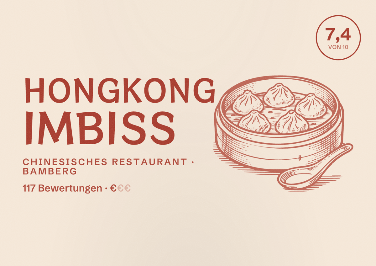 Illustriertes Poster von Hongkong Imbiss, Chinesisches Restaurant in Bamberg: Bewertung 7,4 von 10 aus 117 Bewertungen, Preisniveau €