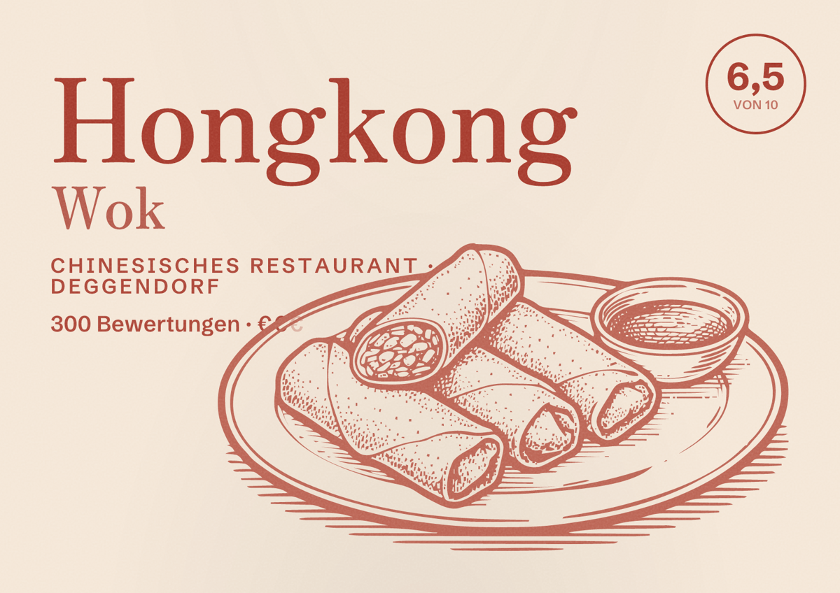 Illustriertes Poster von Hongkong Wok, Chinesisches Restaurant in Deggendorf: Bewertung 6,5 von 10 aus 300 Bewertungen, Preisniveau €€