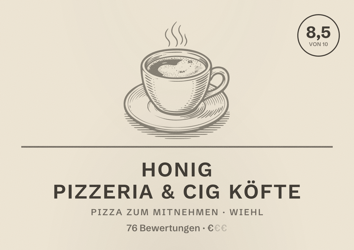 Illustriertes Poster von Honig Pizzeria & Cig Köfte, Pizza zum Mitnehmen in Wiehl: Bewertung 8,5 von 10 aus 76 Bewertungen, Preisniveau €