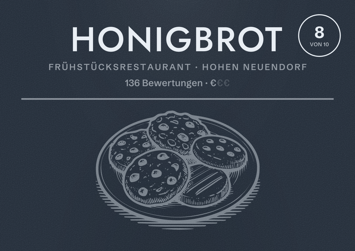 Illustriertes Poster von Honigbrot, Frühstücksrestaurant in Hohen Neuendorf: Bewertung 8 von 10 aus 136 Bewertungen, Preisniveau €