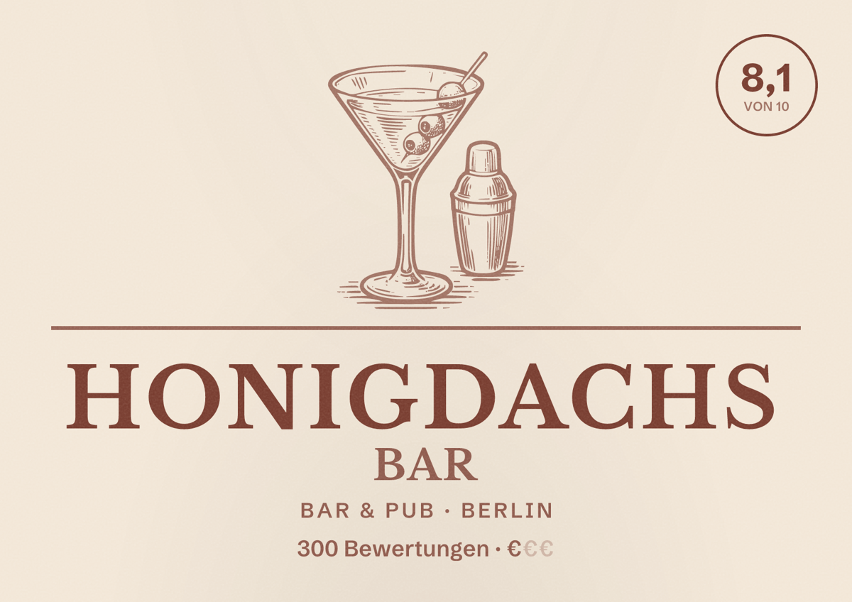 Illustriertes Poster von Honigdachs Bar, Bar & Pub in Berlin: Bewertung 8,1 von 10 aus 300 Bewertungen, Preisniveau €