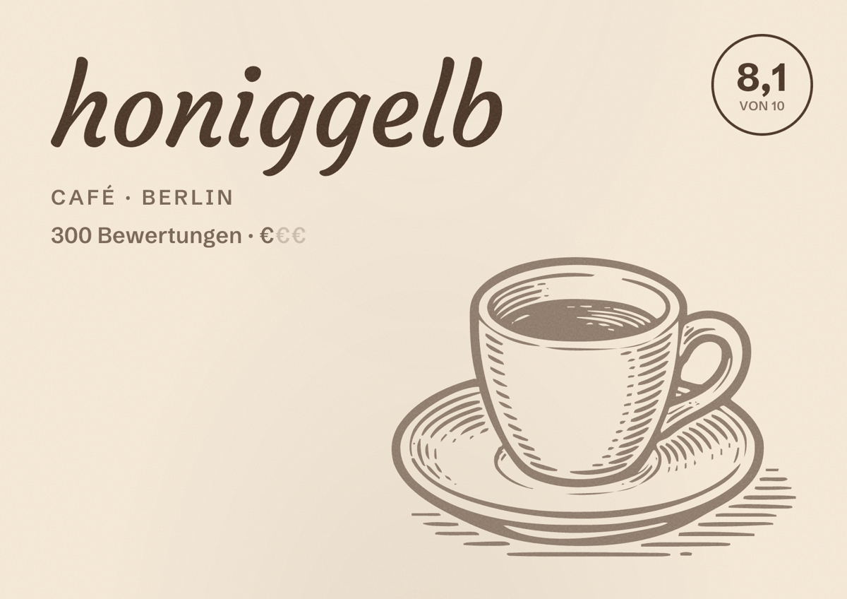 Illustriertes Poster von honiggelb, Café in Berlin: Bewertung 8,1 von 10 aus 300 Bewertungen, Preisniveau €