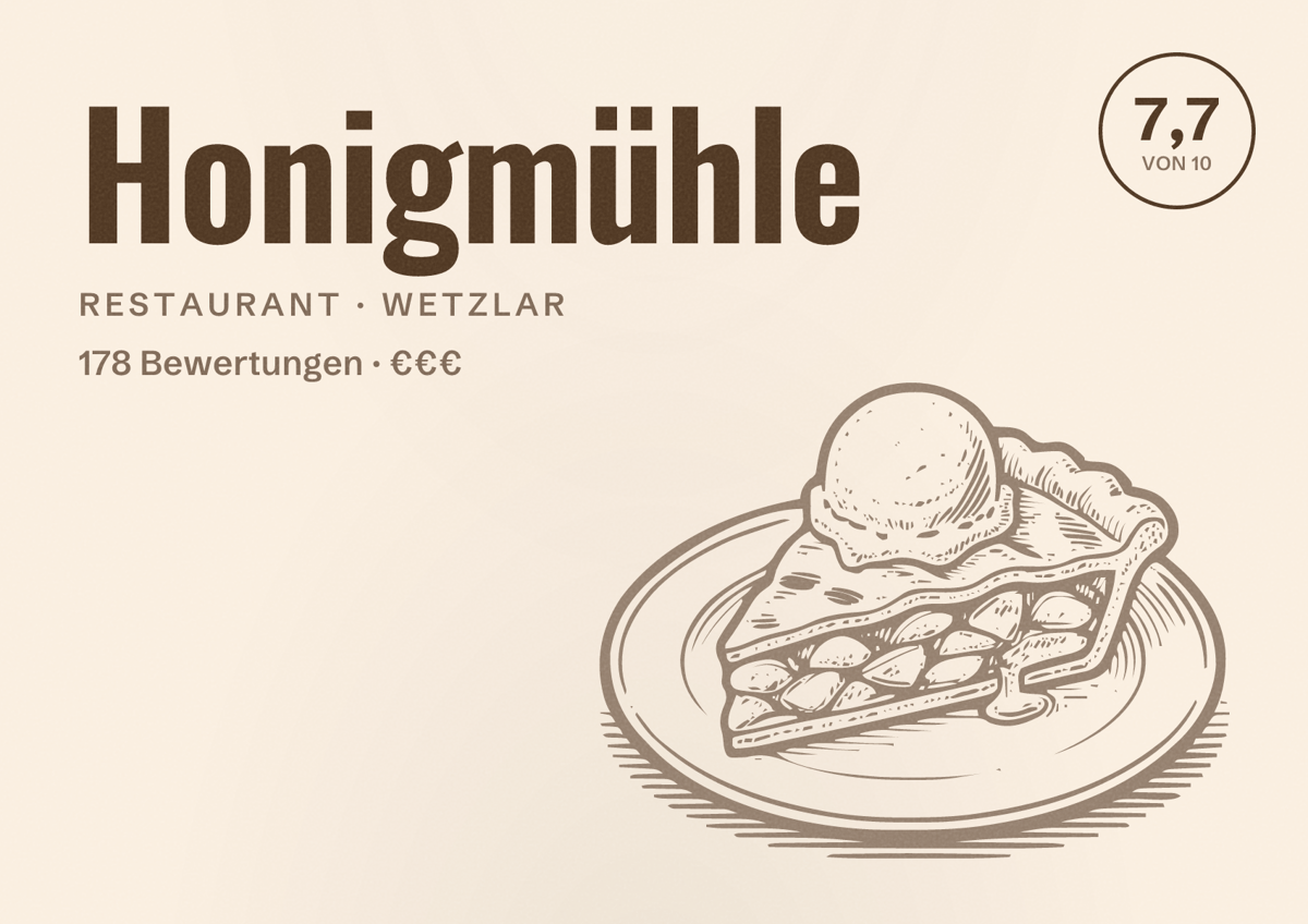 Illustriertes Poster von Honigmühle, Restaurant in Wetzlar: Bewertung 7,7 von 10 aus 178 Bewertungen, Preisniveau €€€
