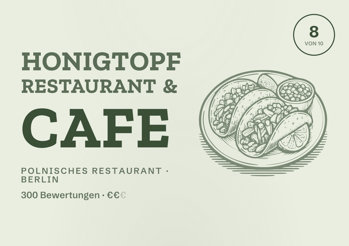 Illustriertes Poster von Honigtopf Restaurant & Cafe, Polnisches Restaurant in Berlin: Bewertung 8,0 von 10 aus 300 Bewertungen, Preisniveau €€