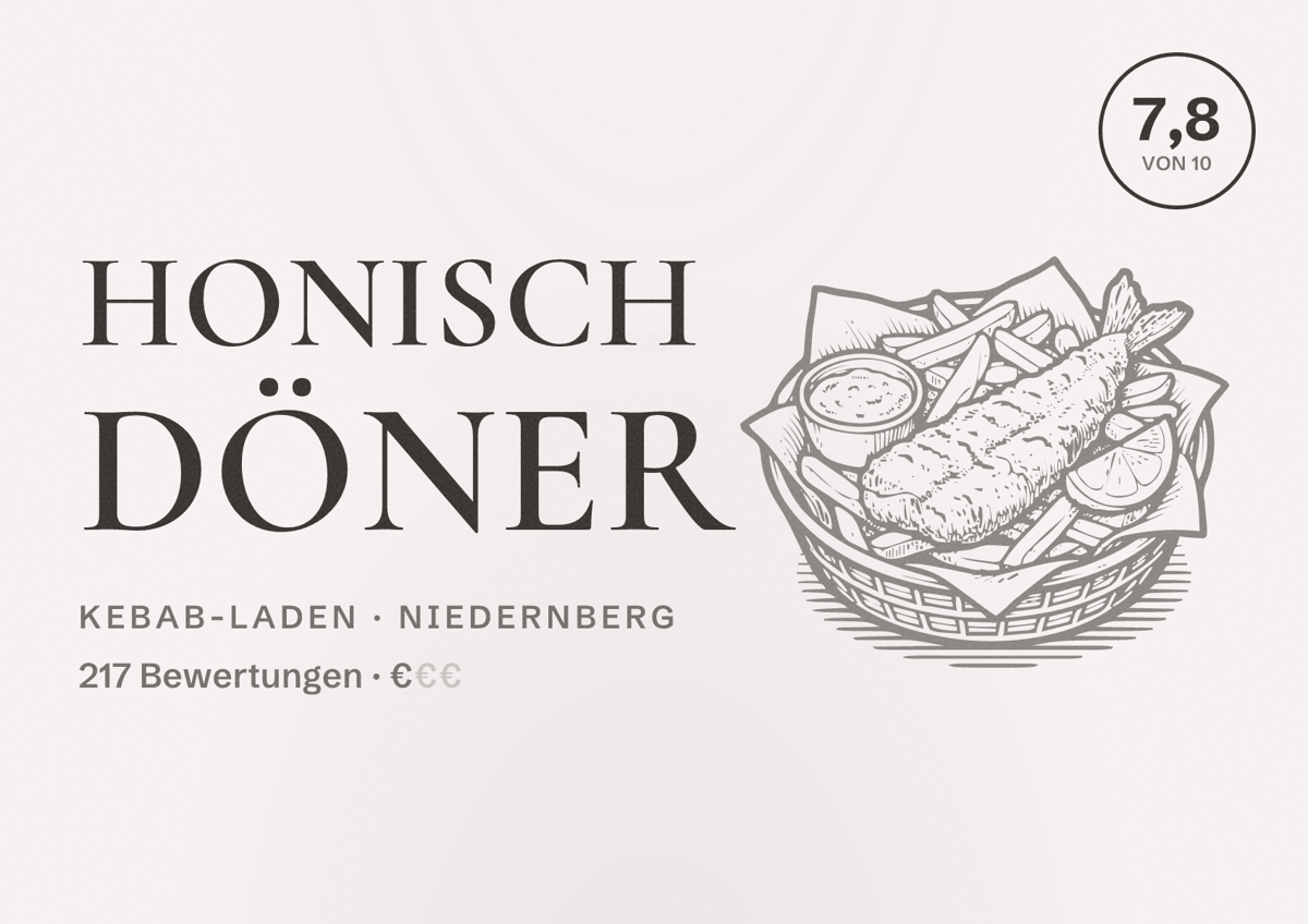 Illustriertes Poster von Honisch Döner, Kebab-Laden in Niedernberg: Bewertung 7,8 von 10 aus 217 Bewertungen, Preisniveau €