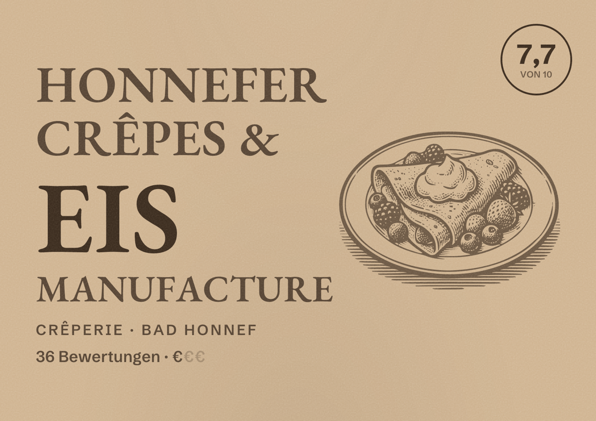 Illustriertes Poster von Honnefer Crêpes & Eis Manufacture, Crêperie in Bad Honnef: Bewertung 7,7 von 10 aus 36 Bewertungen, Preisniveau €
