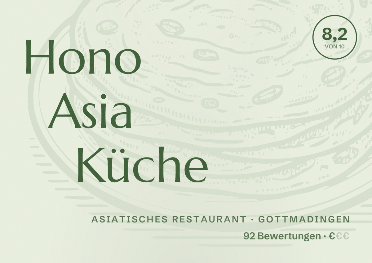 Illustriertes Poster von Hono Asia Küche, Asiatisches Restaurant in Gottmadingen: Bewertung 8,2 von 10 aus 92 Bewertungen, Preisniveau €