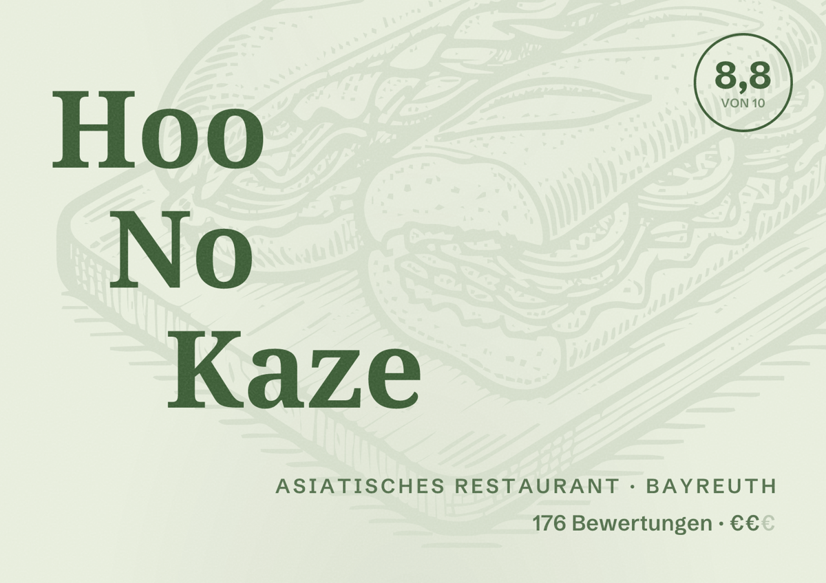 Illustriertes Poster von Hoo No Kaze, Asiatisches Restaurant in Bayreuth: Bewertung 8,8 von 10 aus 176 Bewertungen, Preisniveau €€