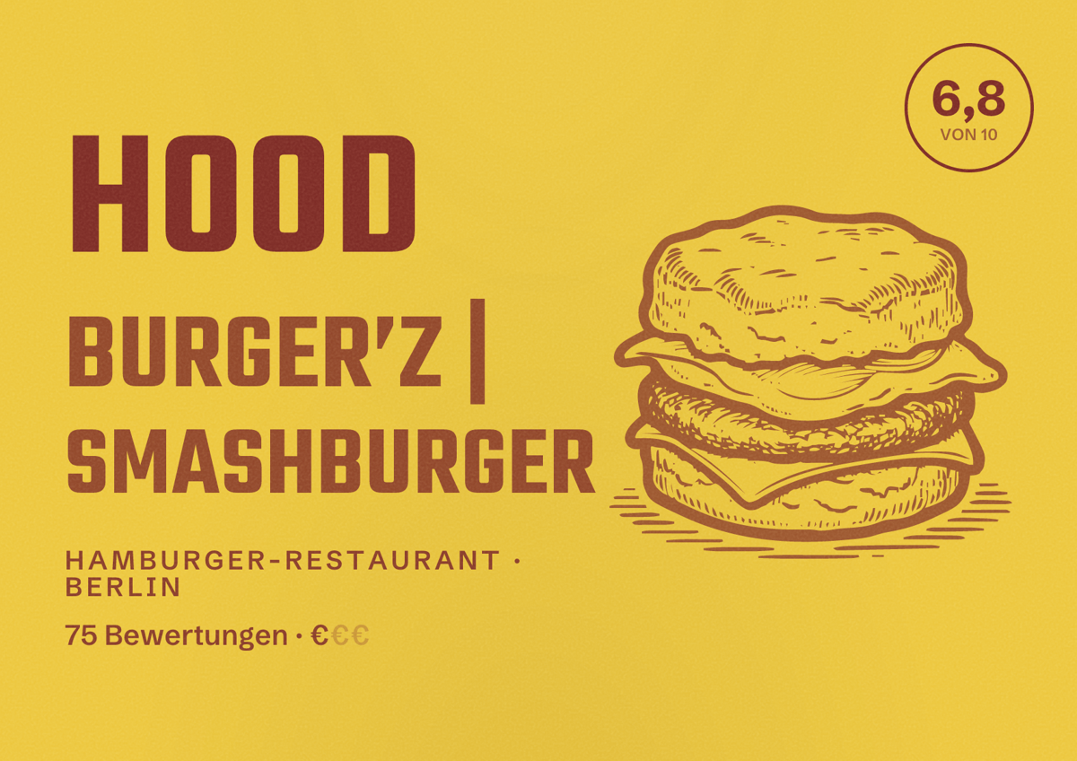 Illustriertes Poster von Hood Burger’z | Smashburger, Hamburger-Restaurant in Berlin: Bewertung 6,8 von 10 aus 75 Bewertungen, Preisniveau €