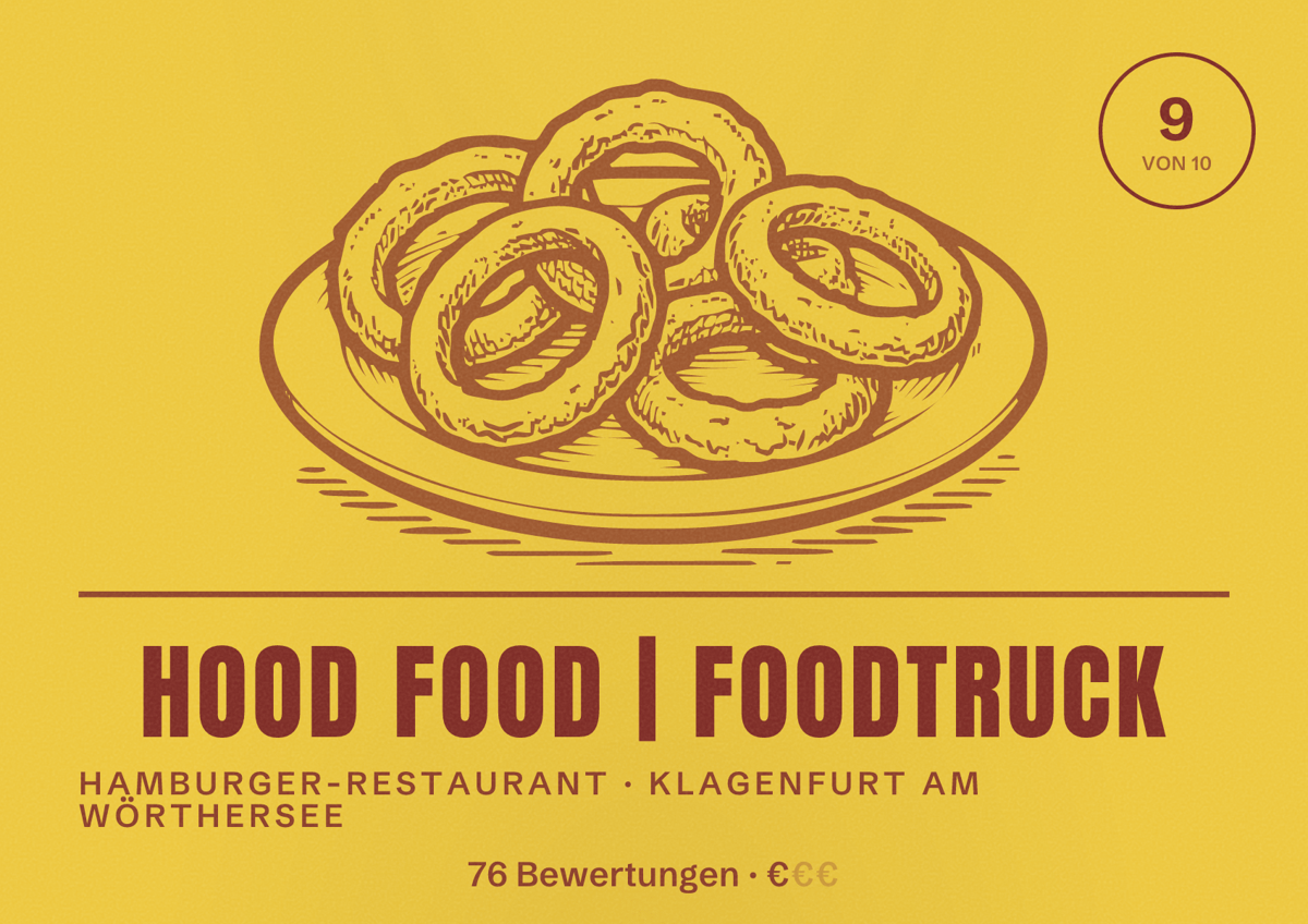 Illustriertes Poster von HooD Food | Foodtruck, Hamburger-Restaurant in Klagenfurt am Wörthersee: Bewertung 9 von 10 aus 76 Bewertungen, Preisniveau €