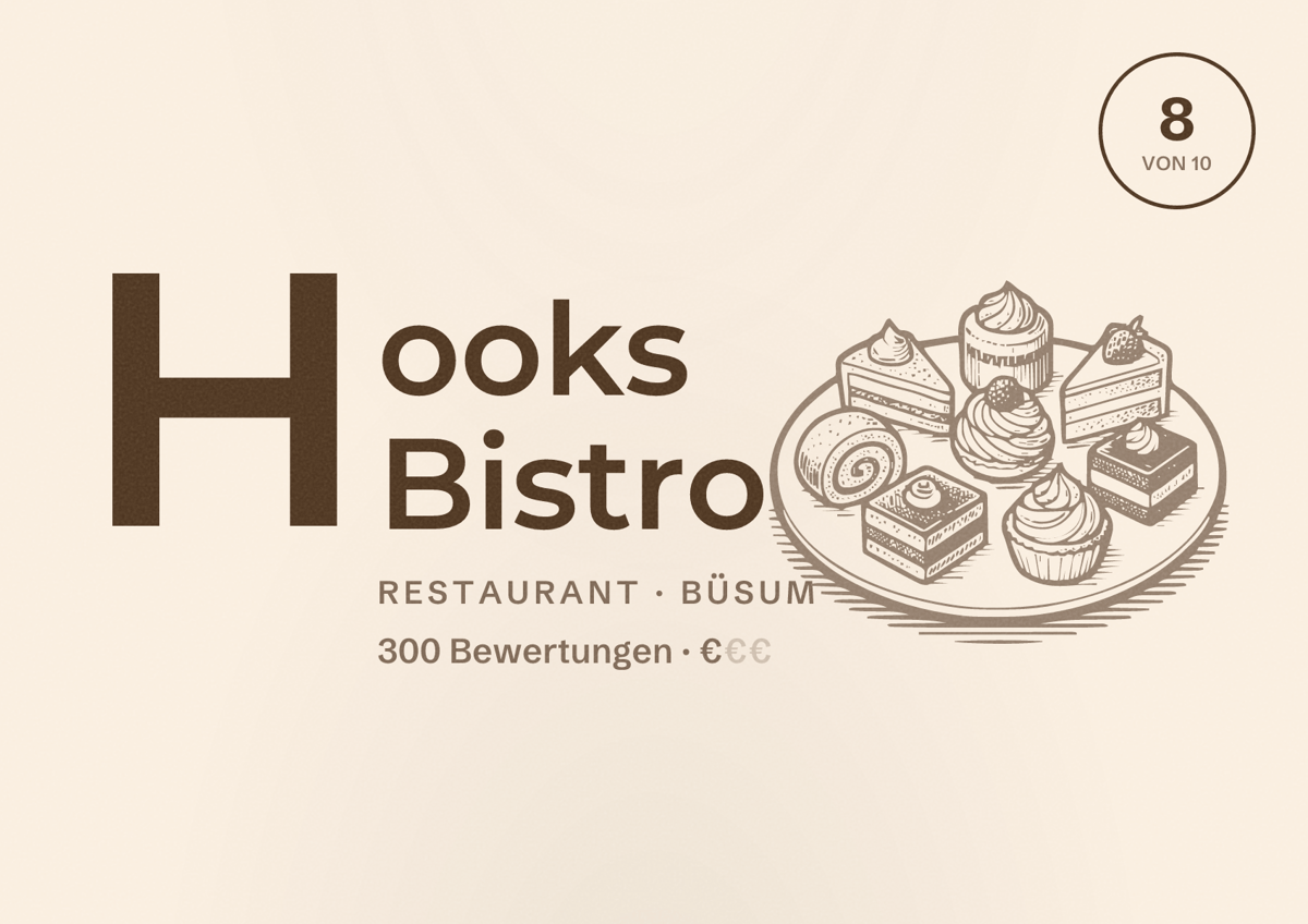 Illustriertes Poster von Hooks Bistro, Restaurant in Büsum: Bewertung 8 von 10 aus 300 Bewertungen, Preisniveau €