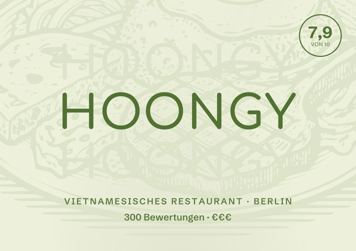 Illustriertes Poster von HOONGY, Vietnamesisches Restaurant in Berlin: Bewertung 7,9 von 10 aus 300 Bewertungen, Preisniveau €€€