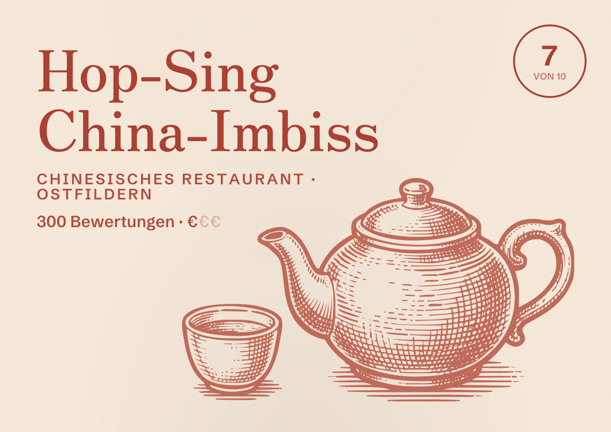 Illustriertes Poster von Hop-Sing China-Imbiss, Chinesisches Restaurant in Ostfildern: Bewertung 7 von 10 aus 300 Bewertungen, Preisniveau €