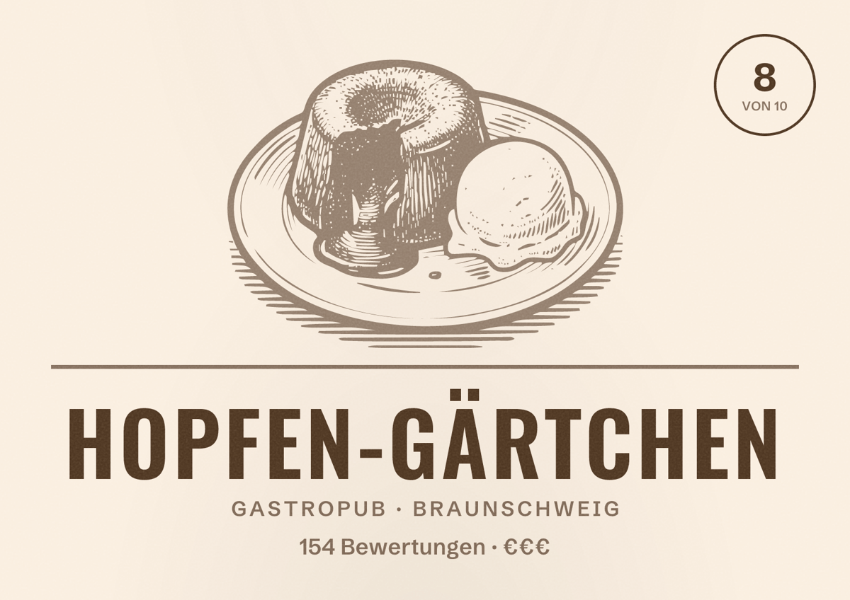 Illustriertes Poster von Hopfen-Gärtchen, Gastropub in Braunschweig: Bewertung 8 von 10 aus 154 Bewertungen, Preisniveau €€€