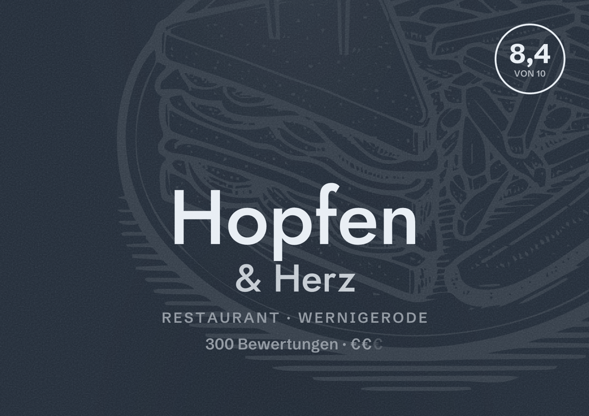 Illustriertes Poster von Hopfen & Herz, Restaurant in Wernigerode: Bewertung 8,4 von 10 aus 300 Bewertungen, Preisniveau €€