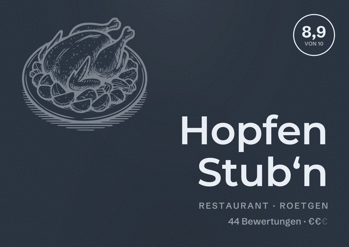 Illustriertes Poster von Hopfen Stub‘n, Restaurant in Roetgen: Bewertung 8,9 von 10 aus 44 Bewertungen, Preisniveau €€