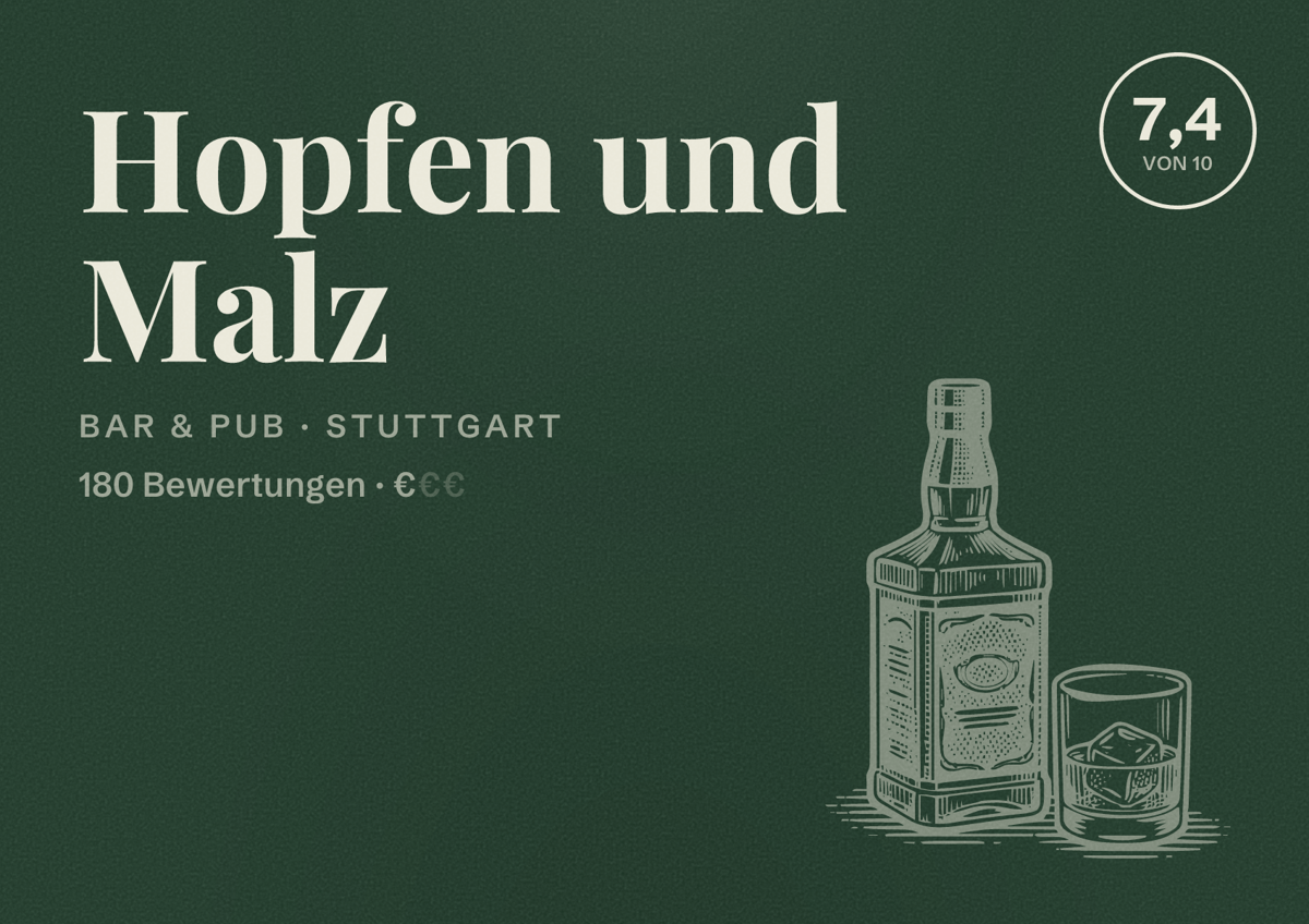 Illustriertes Poster von Hopfen und Malz, Bar & Pub in Stuttgart: Bewertung 7,4 von 10 aus 180 Bewertungen, Preisniveau €