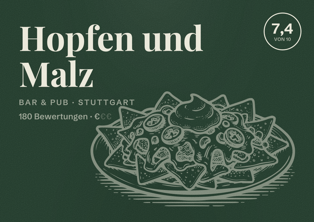 Illustriertes Poster von Hopfen und Malz, Bar & Pub in Stuttgart: Bewertung 7,4 von 10 aus 180 Bewertungen, Preisniveau €