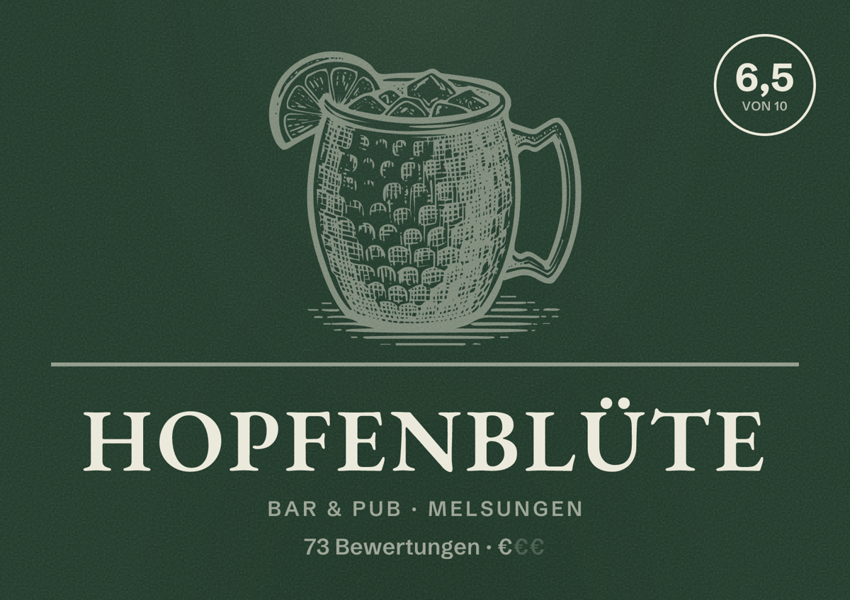 Illustriertes Poster von Hopfenblüte, Bar & Pub in Melsungen: Bewertung 6,5 von 10 aus 73 Bewertungen, Preisniveau €