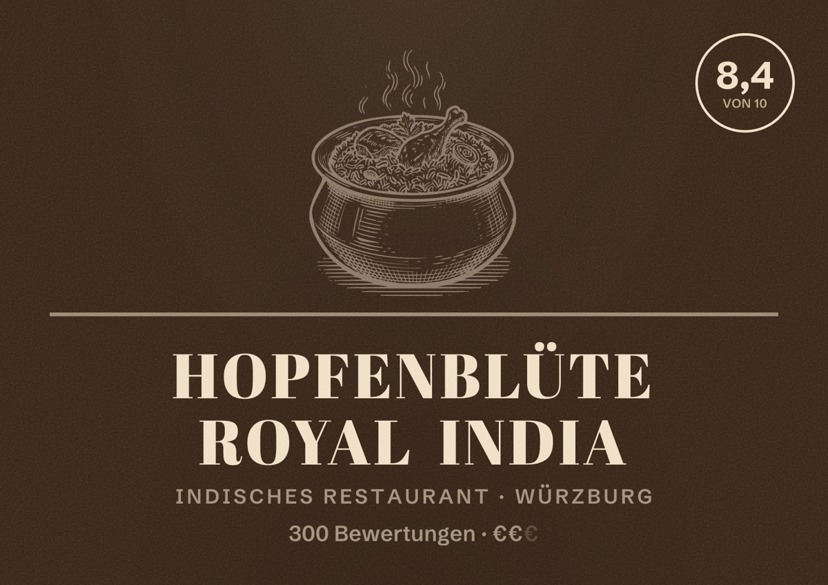 Illustriertes Poster von Hopfenblüte Royal India, Indisches Restaurant in Würzburg: Bewertung 8,4 von 10 aus 300 Bewertungen, Preisniveau €€