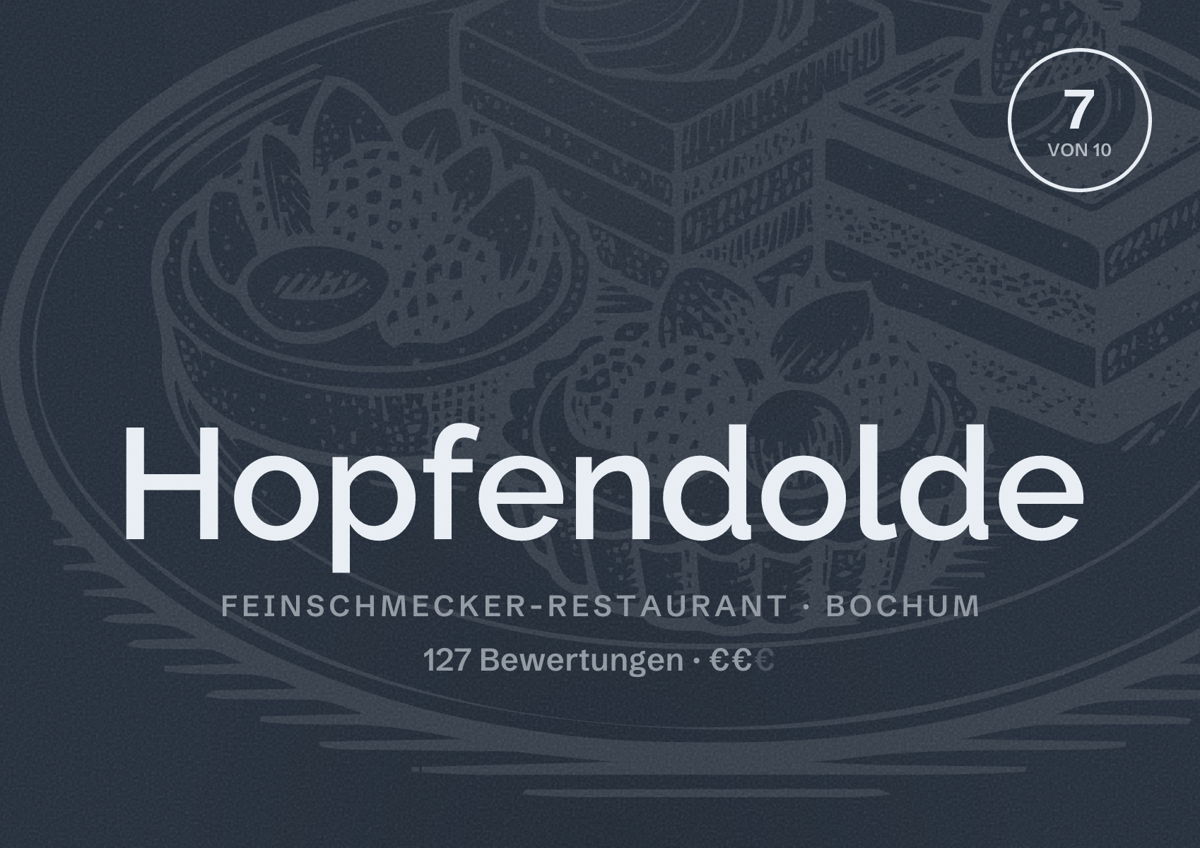 Illustriertes Poster von Hopfendolde, Feinschmecker-Restaurant in Bochum: Bewertung 7 von 10 aus 127 Bewertungen, Preisniveau €€