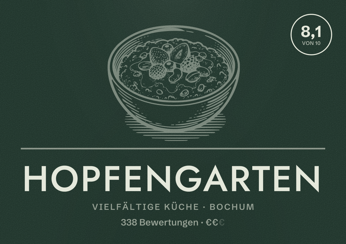 Illustriertes Poster von Hopfengarten, Vielfältige Küche in Bochum: Bewertung 8,1 von 10 aus 338 Bewertungen, Preisniveau €€