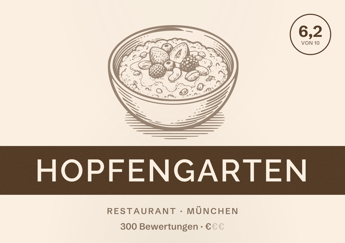 Illustriertes Poster von Hopfengarten, Restaurant in München: Bewertung 6,2 von 10 aus 300 Bewertungen, Preisniveau €