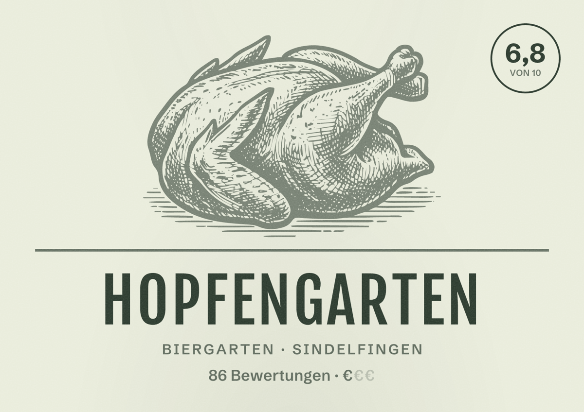 Illustriertes Poster von Hopfengarten, Biergarten in Sindelfingen: Bewertung 6,8 von 10 aus 86 Bewertungen, Preisniveau €
