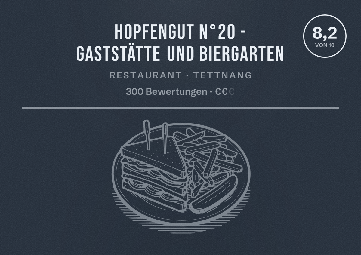 Illustriertes Poster von Hopfengut N°20 - Gaststätte und Biergarten, Restaurant in Tettnang: Bewertung 8,2 von 10 aus 300 Bewertungen, Preisniveau €€